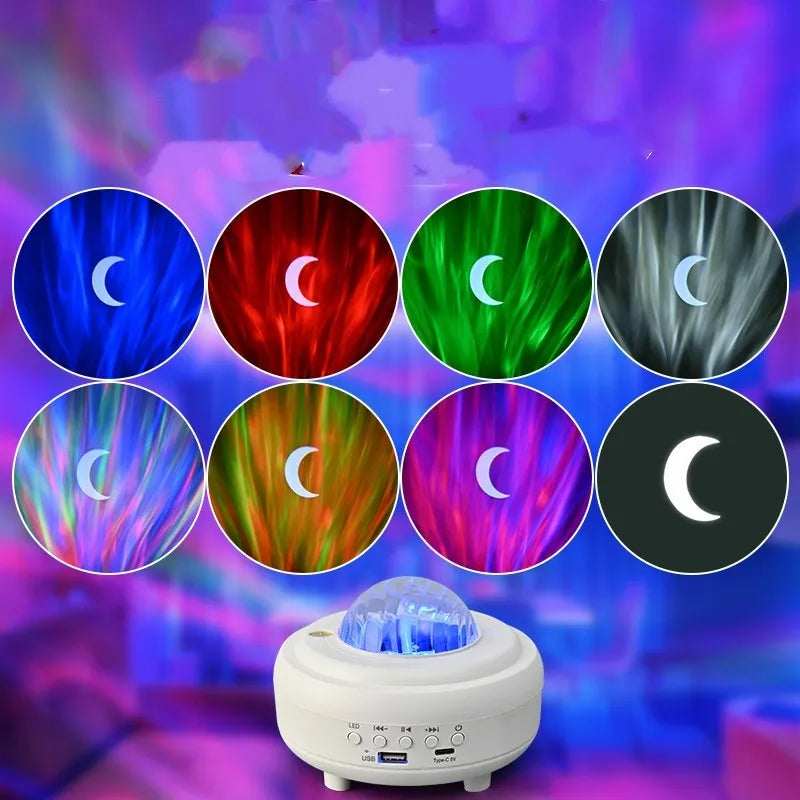 White Bluetooth star projector night light showing celestial projection effects on wall