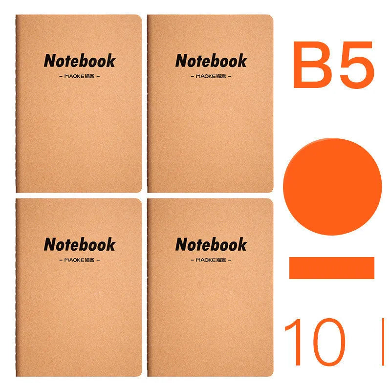 Pack of 10 A5 and B5 soft cover kraft paper notebooks with various designs, showing thread binding.