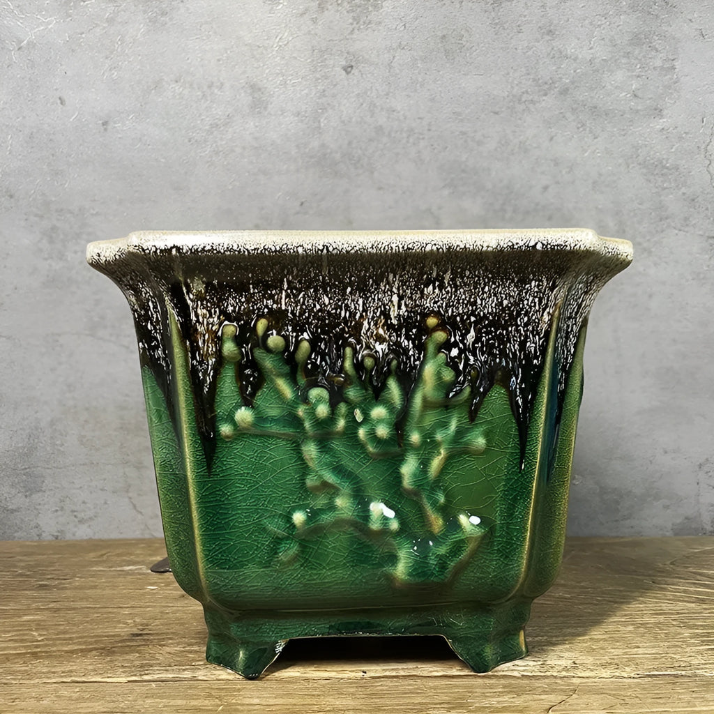 Ceramic decals flower pot square 22cm caliber high depth green glaze changed No 22 middle decal