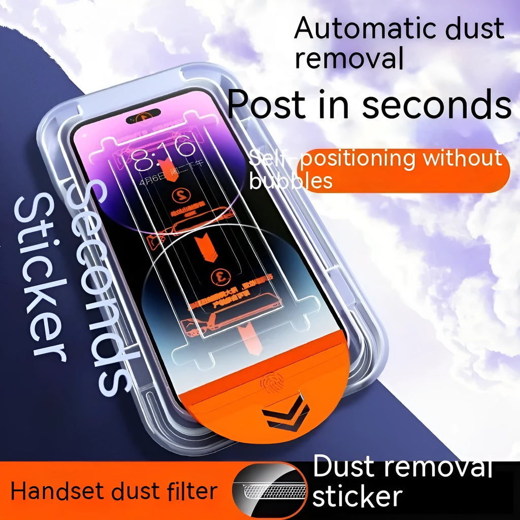 iPhone tempered glass screen protector with dust-free warehouse design showing HD and privacy options