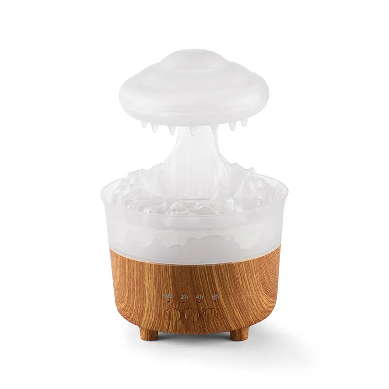 Wood grain white cloud-shaped humidifier with coloured LED lights and gentle mist emission