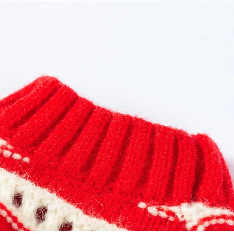 Red knitted cherry pet sweater with white stripes and 3D cherry embroidery for small dogs and cats