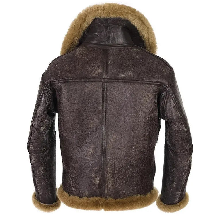 Men's brown synthetic leather fur coat with side pockets on a model