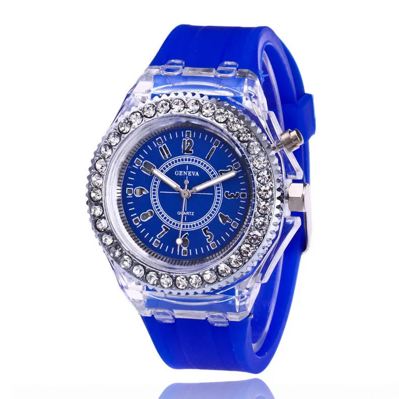 Geneva women's LED luminous quartz watch with silicone strap and round 43mm dial