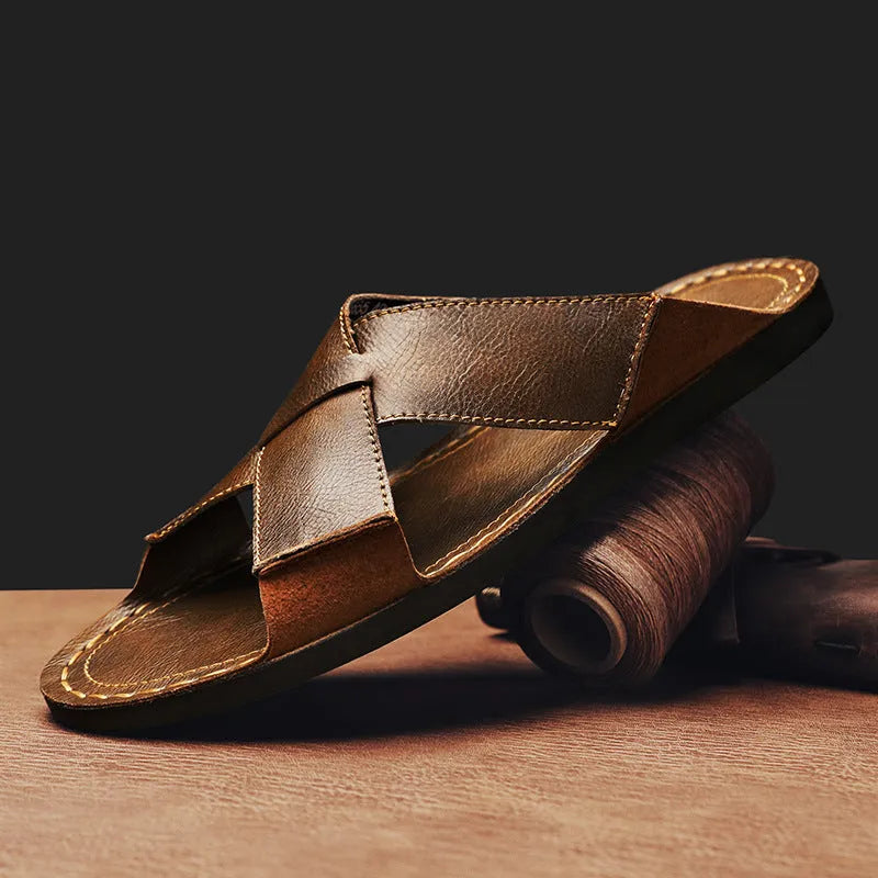 Men's black casual slip-on sandals with a genuine pigskin leather upper and rubber sole