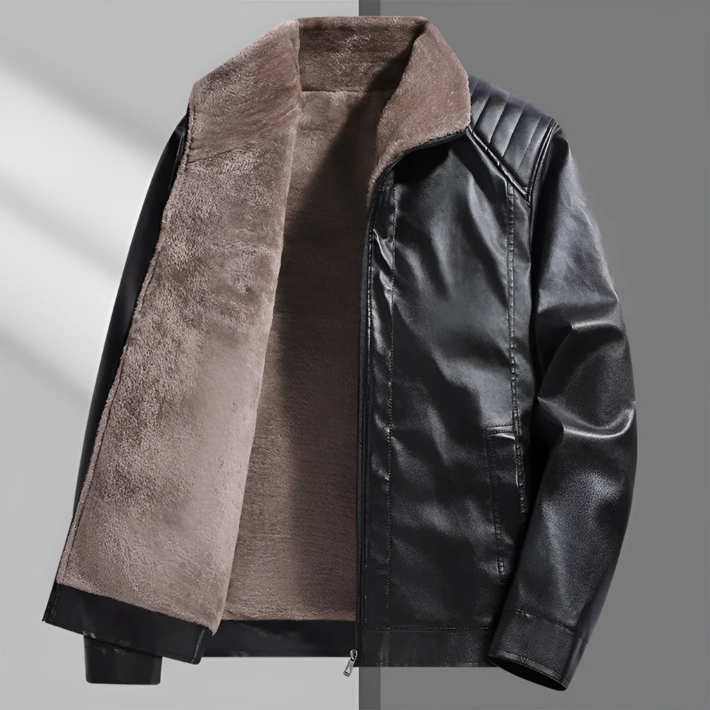 Fleece-lined thickened PU leather men's jacket in black, with polyester fibre lining, normal length 50cm