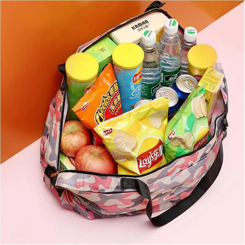 Foldable storage tote bag in pink camouflage 210d Oxford cloth for hanging organisation