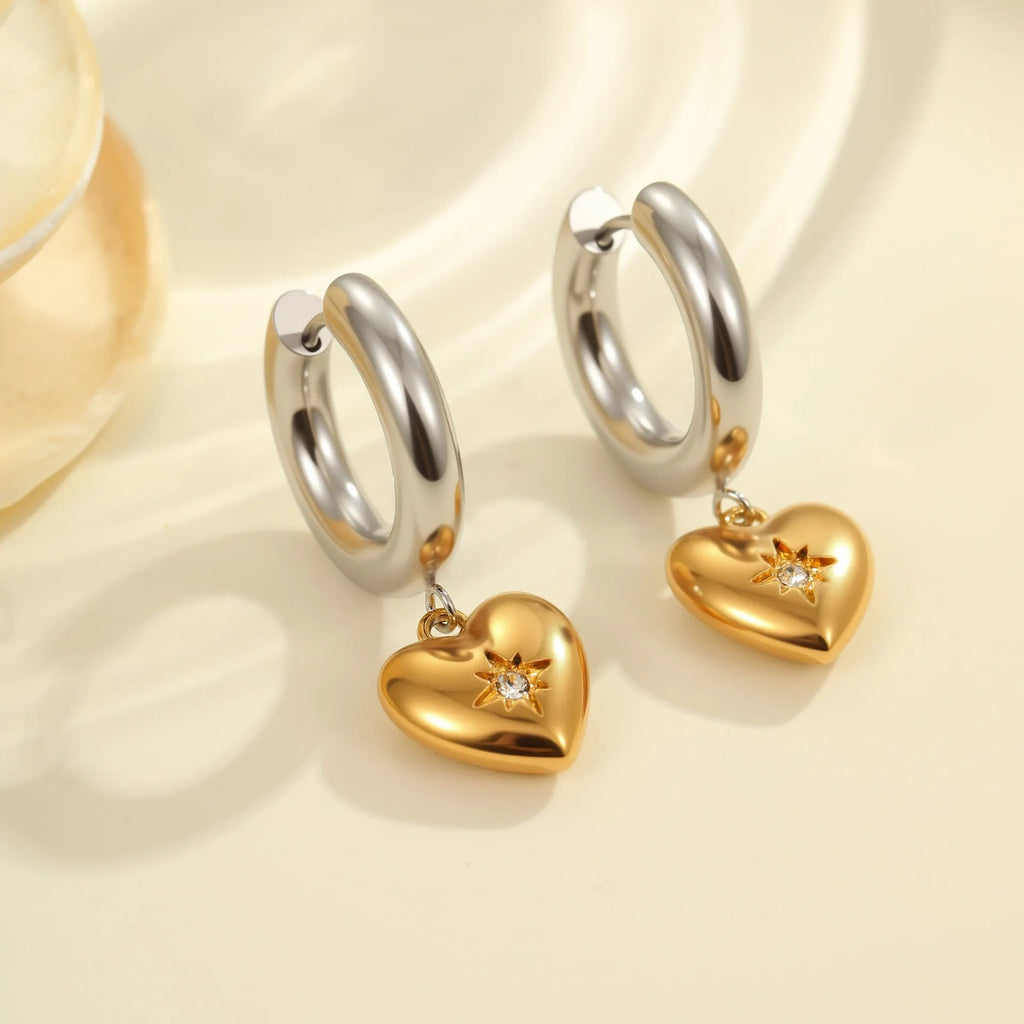 Women's stainless steel earrings with 18K gold electroplating in heart, star, and Christmas tree shapes