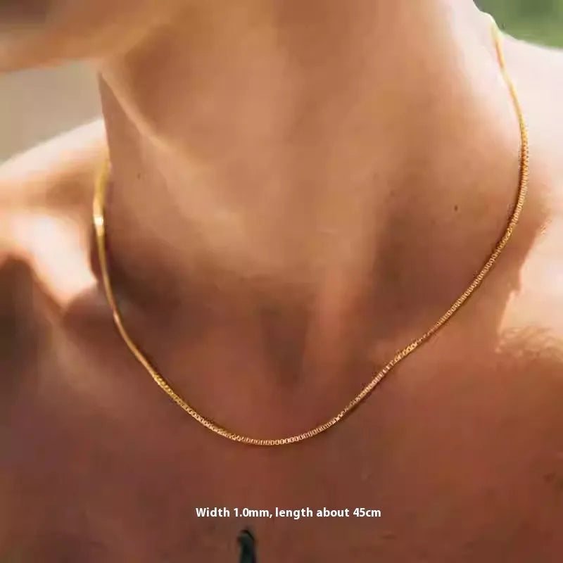 Copper box chain necklace with gold electroplating, 1mm width, 45cm length, geometric quadrilateral pendant