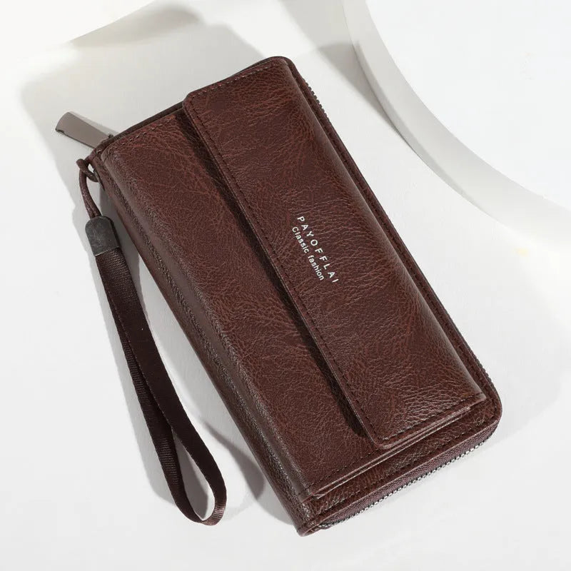 Men's PU leather wallet with multiple card slots in black, brown, and coffee colours showing compact 19cm design