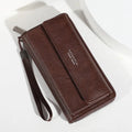 Men's PU leather wallet with multiple card slots in black, brown, and coffee colours showing compact 19cm design