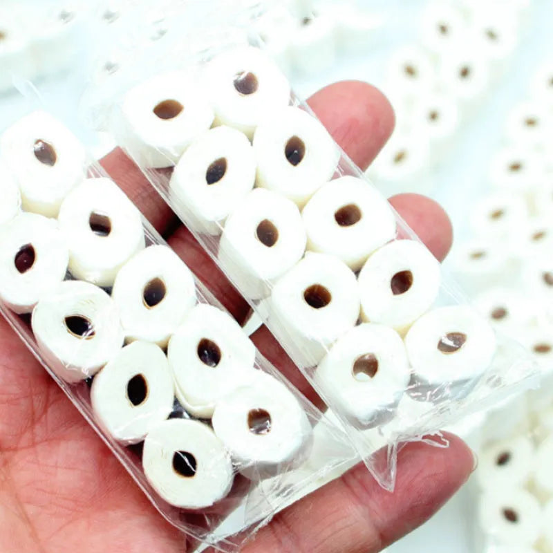 Small paper model of a tissue roll on a core, measuring 30mm by 15mm by 80mm.