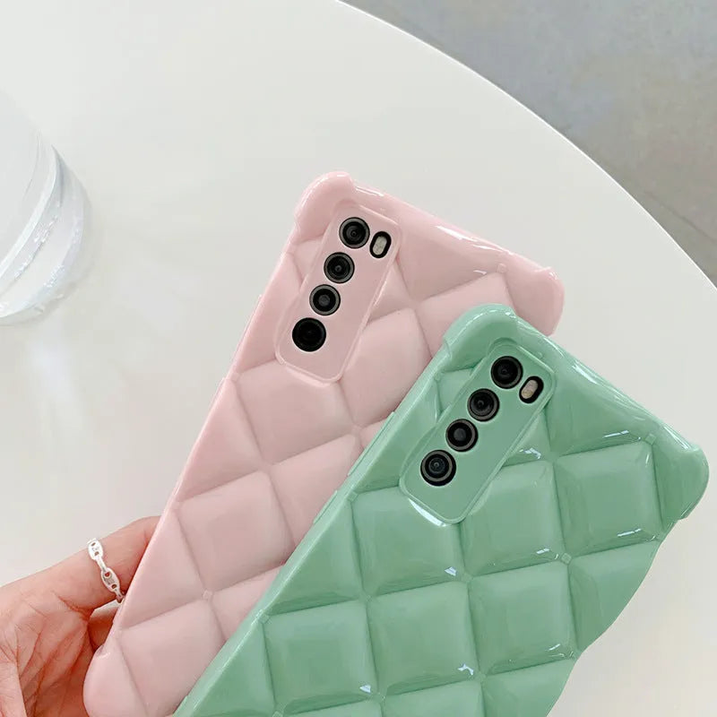 Huawei silicone diamond pattern phone case in solid colours showing flexible protection for compatible models