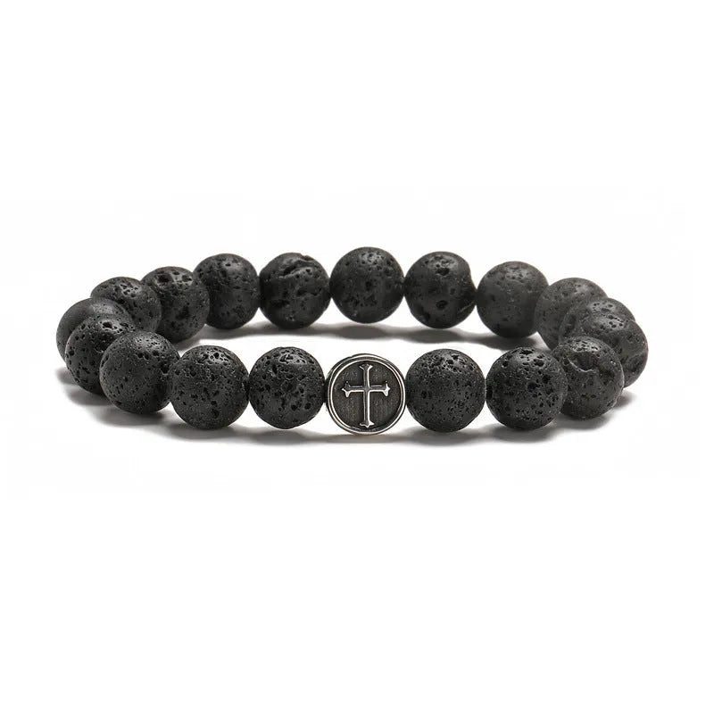 Geometric volcanic agate bracelet with stainless steel finish showing 10mm stone diameter