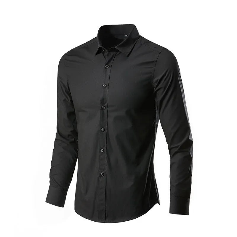 Man's loose fit linen long sleeve shirt in a slim, trendy style on a hanger.
