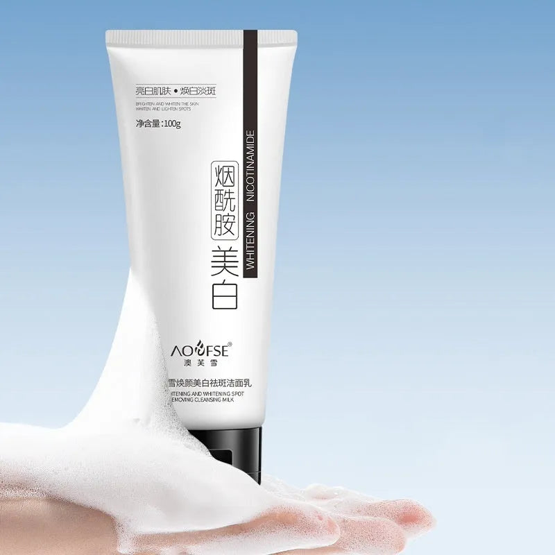 White packaged whitening and freckle removing facial cleanser bottle with 100ml content