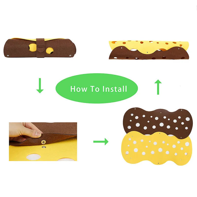 Felt cat tunnel toy 92x22cm with peepholes and two-tone surface, collapsible interactive pet toy