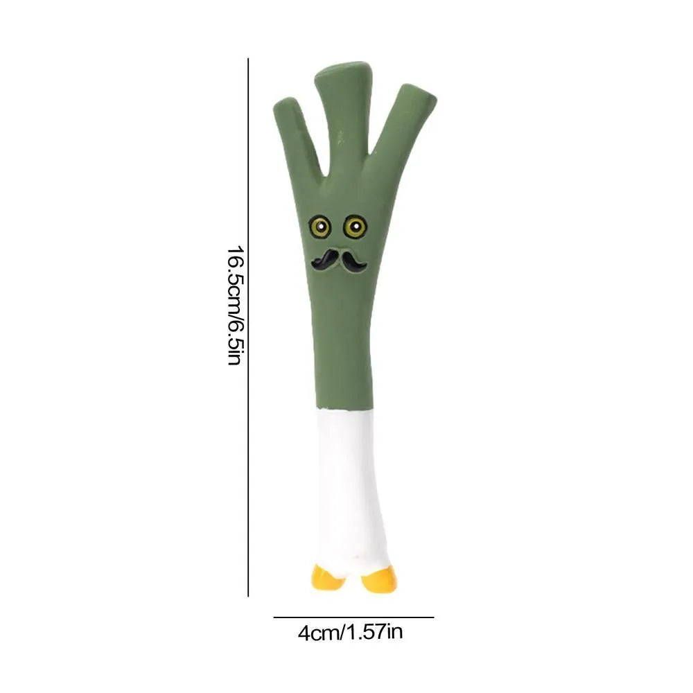 Latex vegetable dog chew toys showing cartoon onion and eggplant designs in green, orange and purple colours