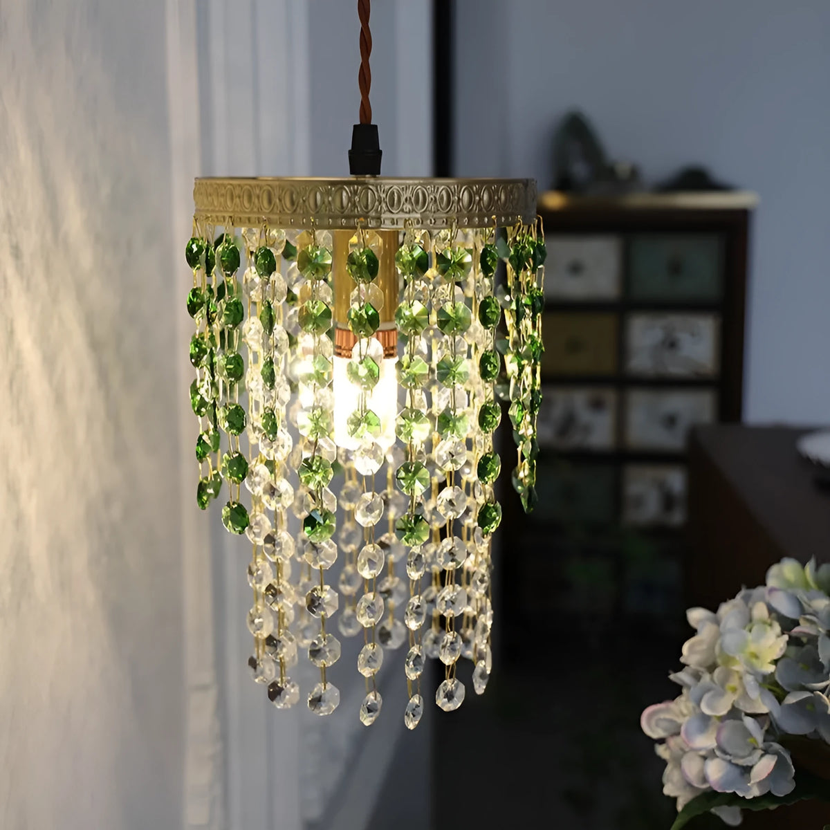 Retro crystal small droplight bedside lamp in Green Glacier finish for living room and corridor use