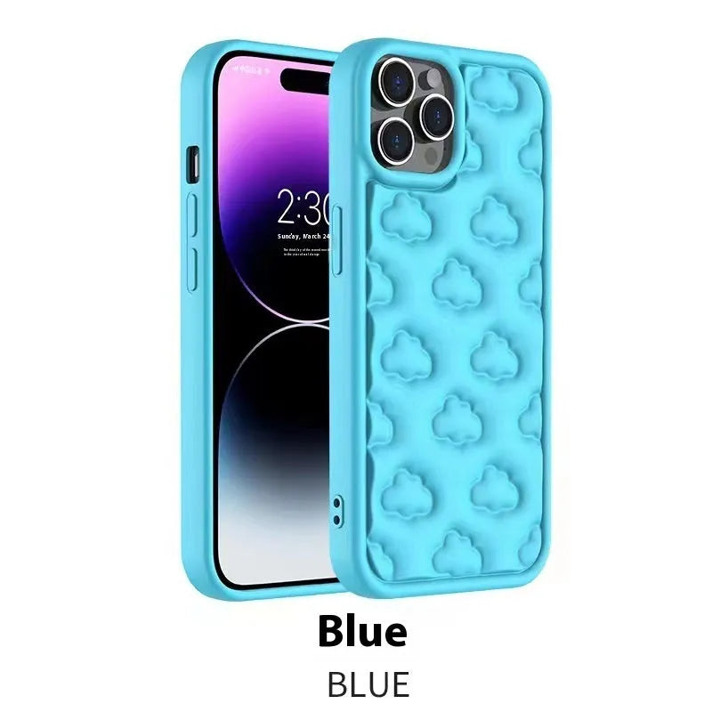 Hand oil three-dimensional cloud TPU phone case for iPhone with embossed floral pattern, black colour, displaying full back and edge coverage.