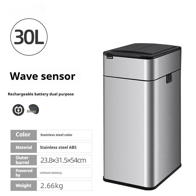 Stainless steel square inductive smart trash can with automatic sensor lid and deodorant function.