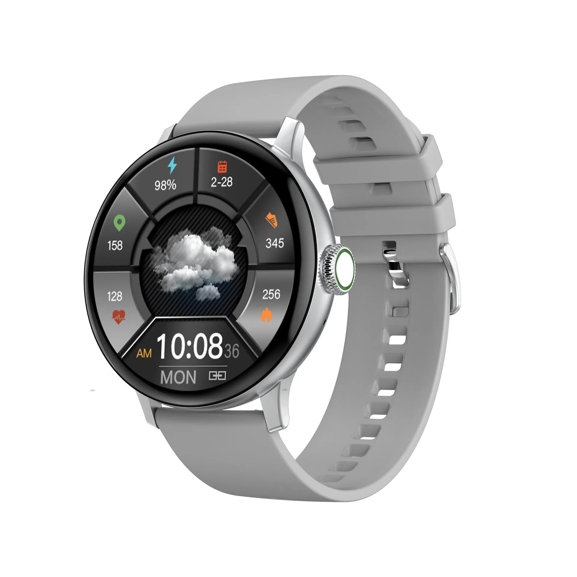 Black steel Bluetooth smart bracelet with touch screen on a wrist, showing heart rate display.