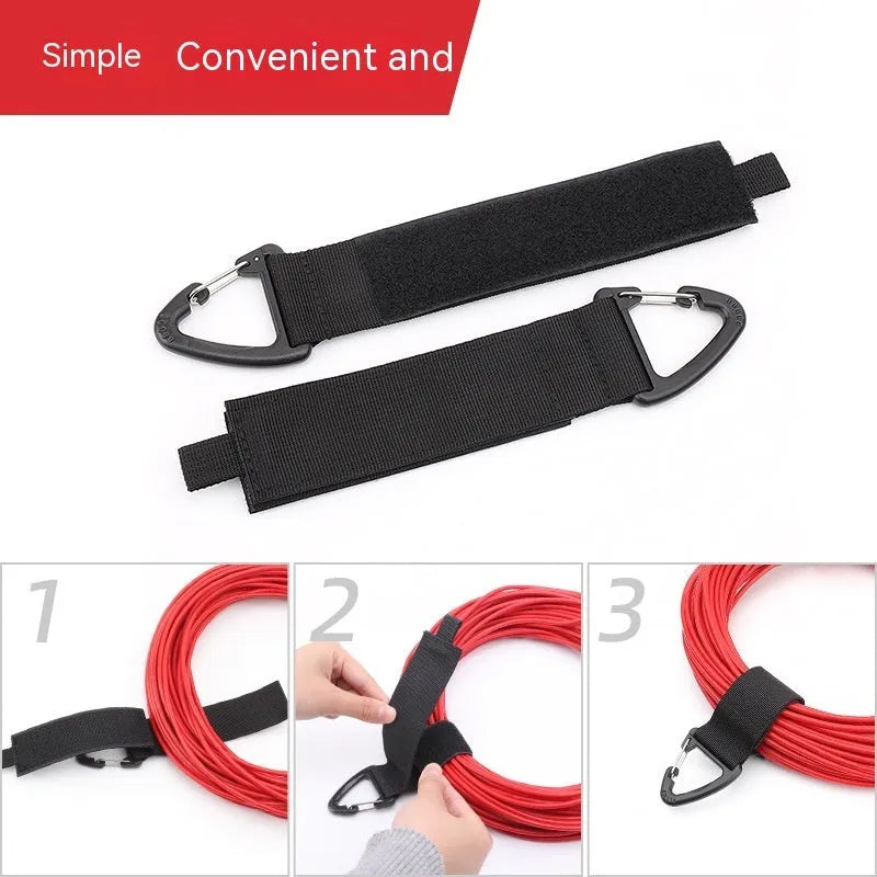 Black heavy-duty storage strap with carabiner hook in three sizes for garage workshop and outdoor use.
