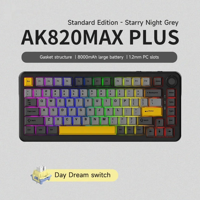 Three-mode mechanical keyboard with Black, Grey and Yellow colour scheme showing hot-swappable sockets