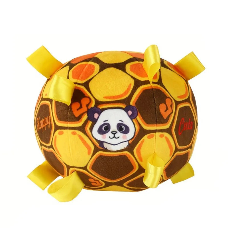 Green interactive ball dog toy with plush handle and built-in bell for aggressive chewers