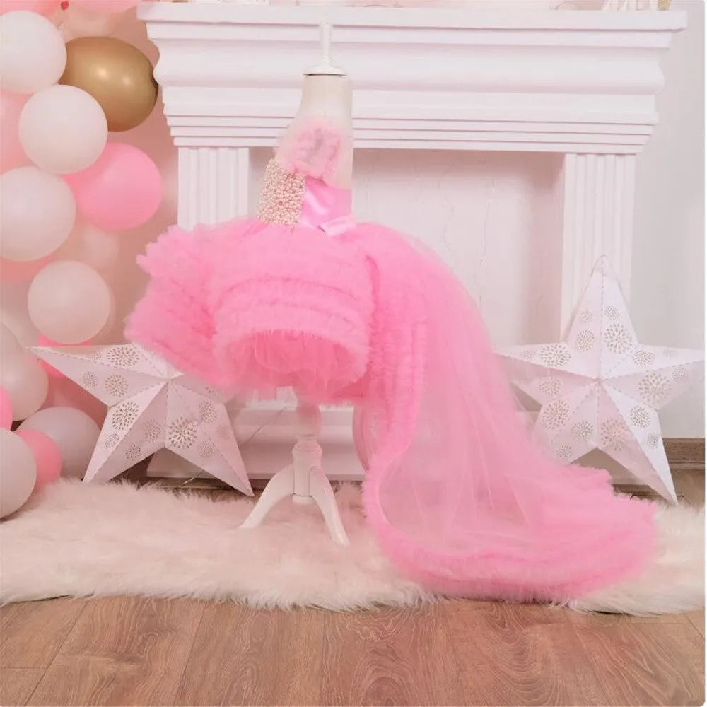 Girls linen princess dress in fairy mori style with small trailing host design, available in four colours and heights 80cm to 160cm.