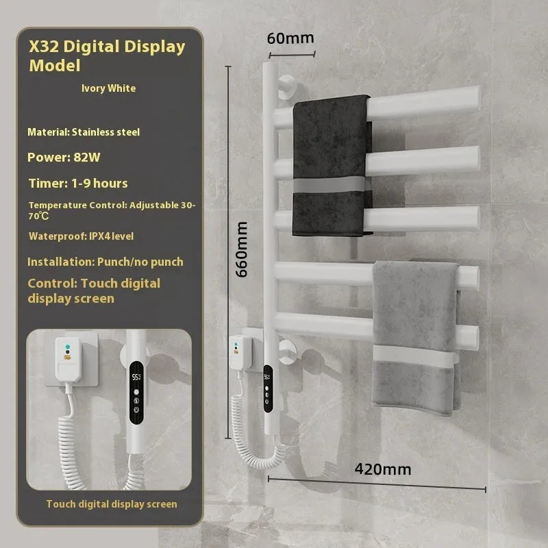 5-layer stainless steel electric towel rack in black with punch-free mounting and WiFi control