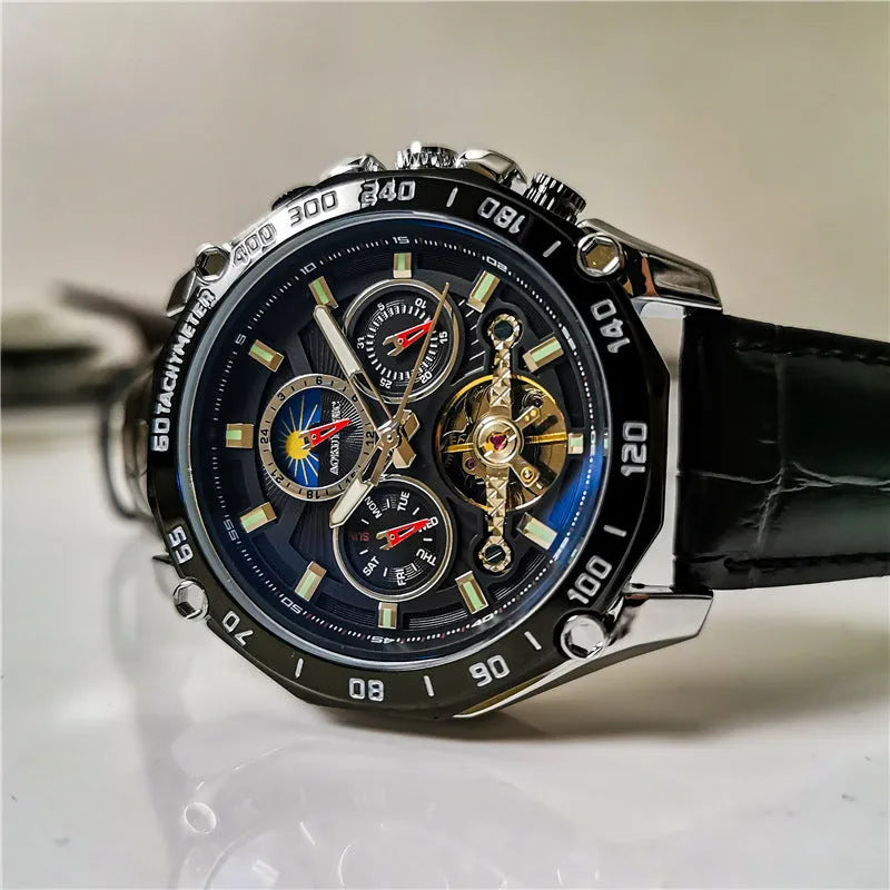 Men's automatic mechanical watch with 12mm case in various colour combinations including silver, black, and black with gold