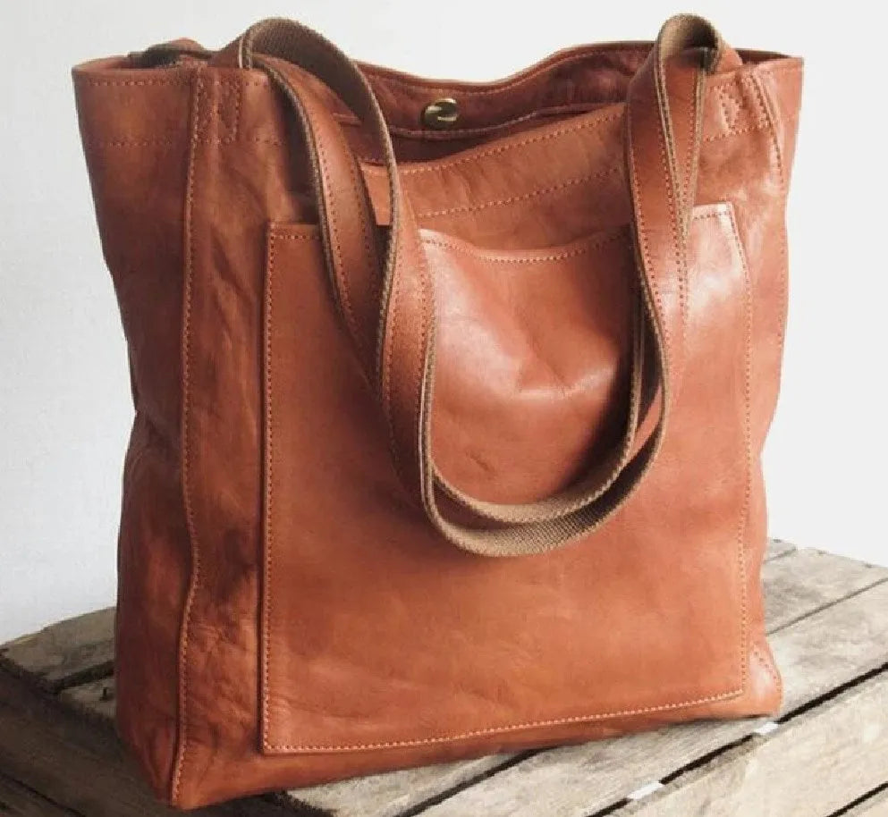 Women's PU leather portable shoulder bag with outer pocket in brown vintage style