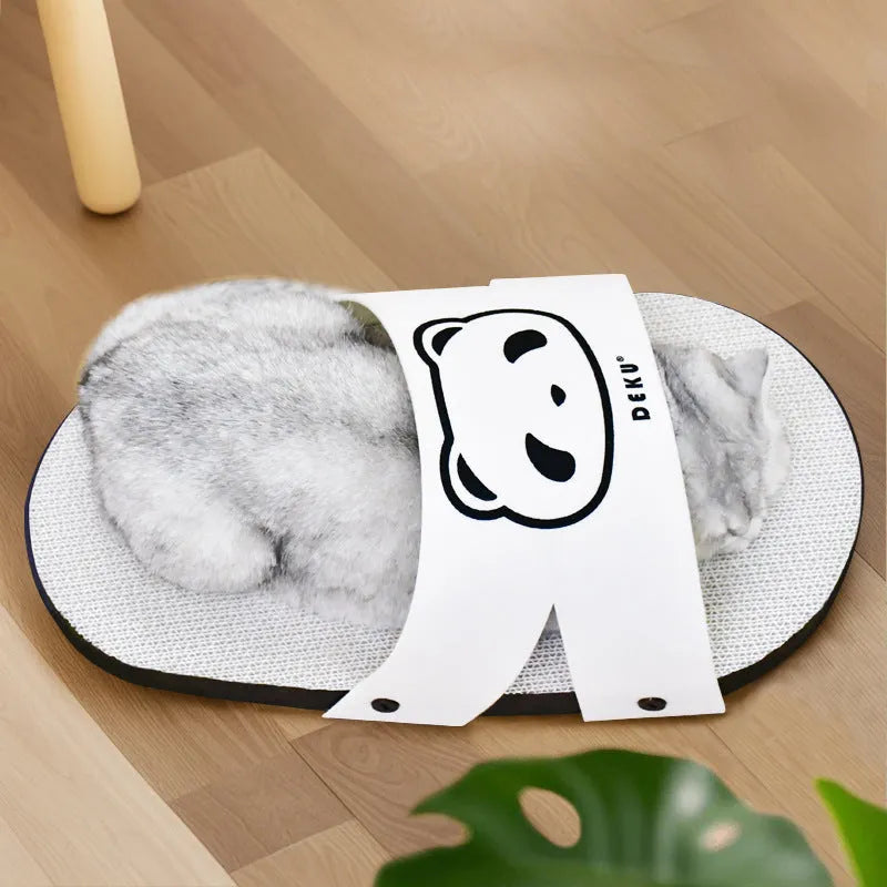 White corrugated paper cat scratch board designed in a slipper shape.