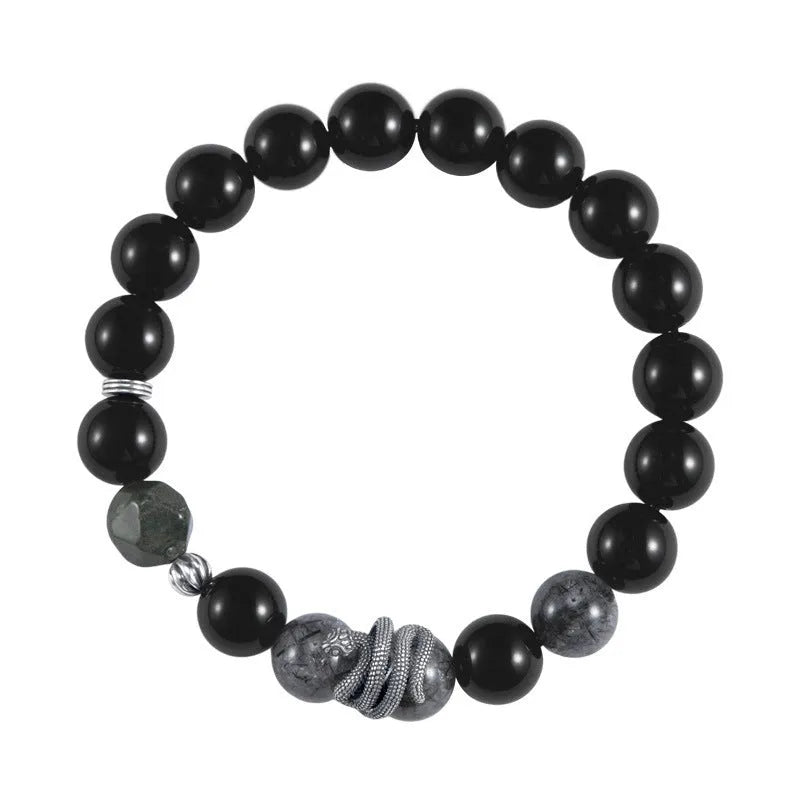 Men's black S925 sterling silver bracelet with obsidian stone and snake year charm