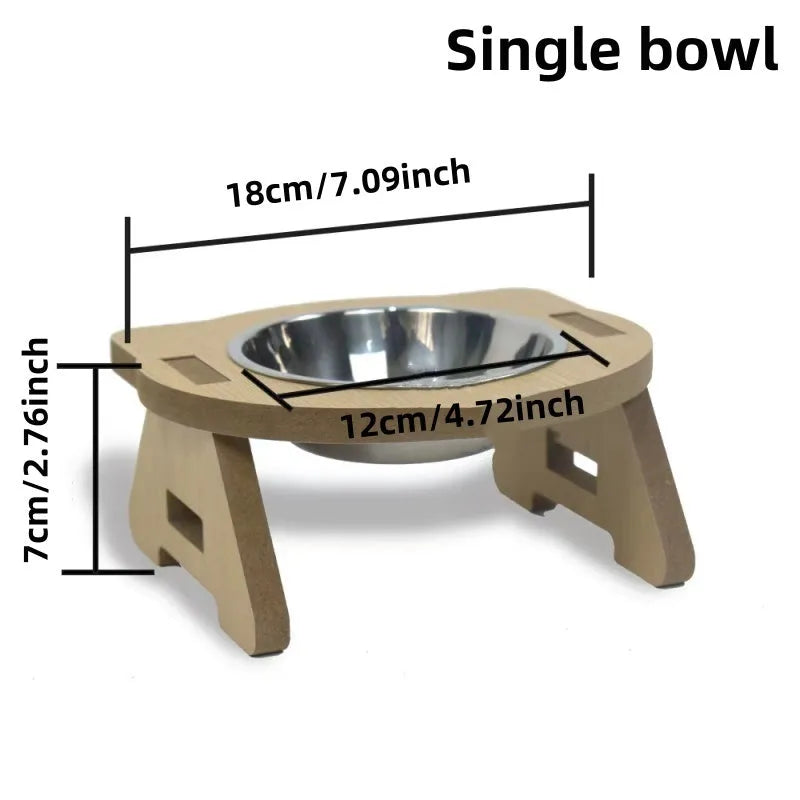 Wooden cat feeder with two stainless steel bowls for food and water on an anti-tip base.