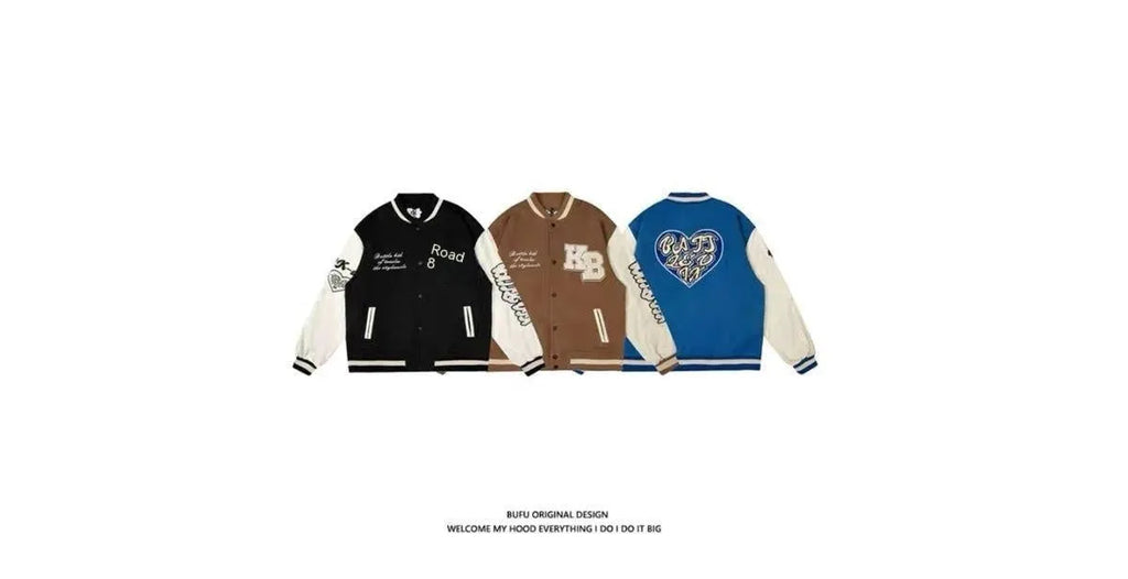 Men's loose denim baseball jacket with cotton lining, solid colour, side seam pockets, brown black or blue