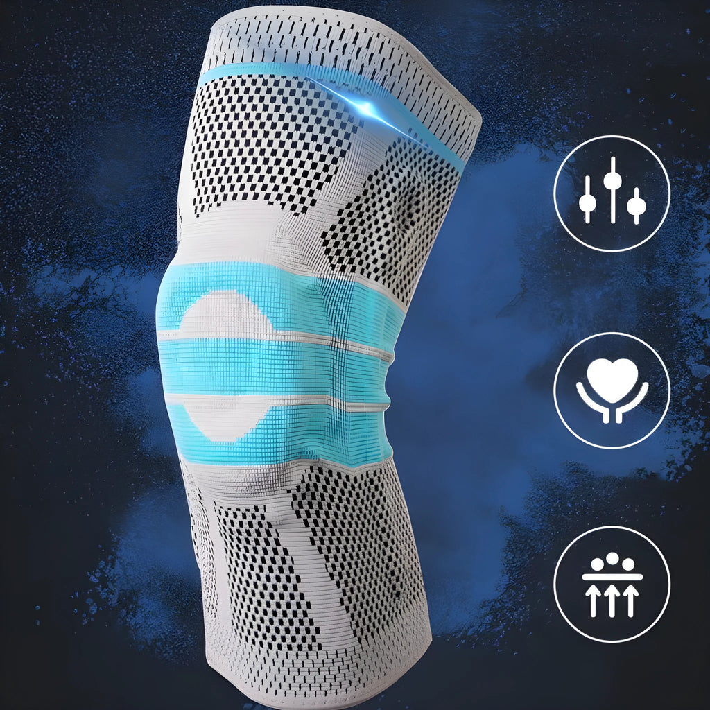 Sky blue silicone knee pad for running and basketball, made from elastic fibre.
