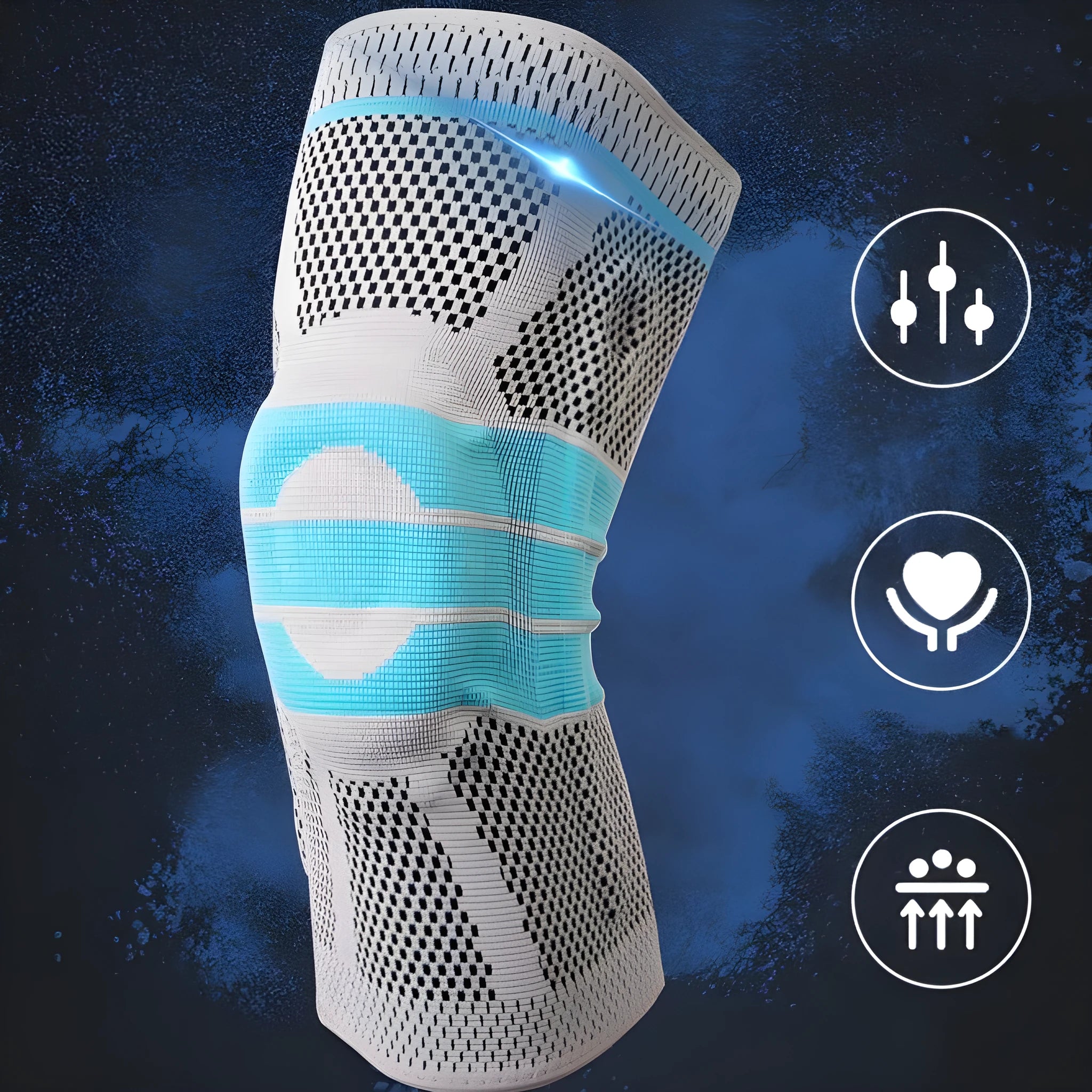 Sky blue silicone knee pad for running and basketball, made from elastic fibre.