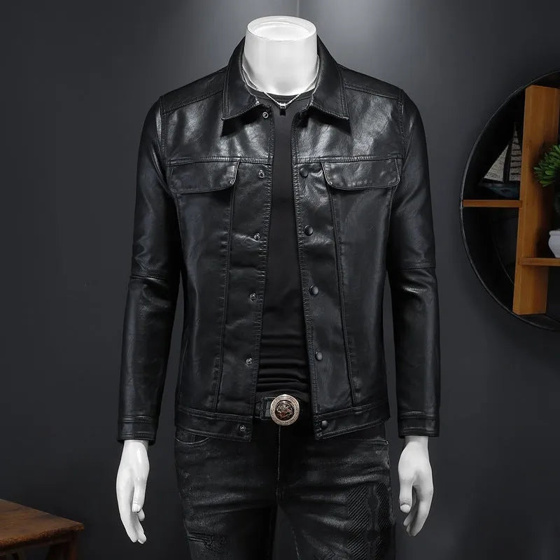 Men's long-sleeved lapel motorcycle PU leather coat in black, regular fit, bag cover slit pockets