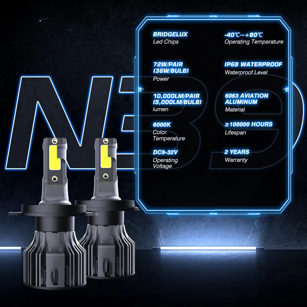 72W LED car headlight bulb kit with 6000K white light, showing adjustable chuck and connector.