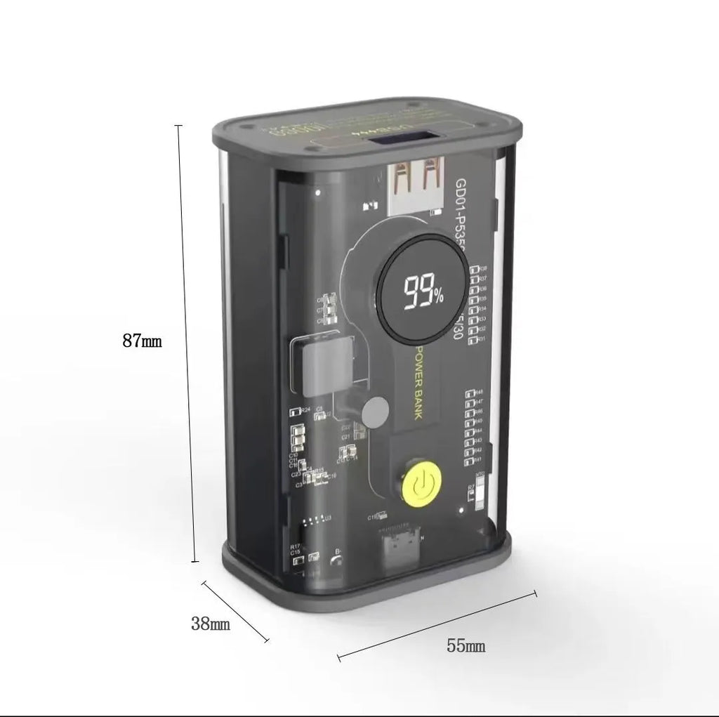 Transparent industrial power bank showing internal components with 10000mAh capacity and multiple USB ports