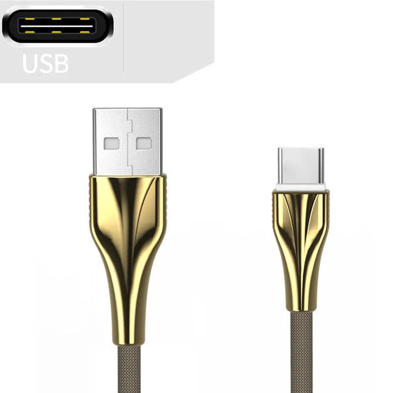 Aluminum alloy braided mobile phone data cable with three interfaces in black, silver, gold, rose gold, 1m length