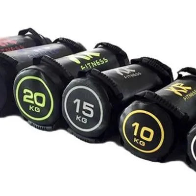 Flat white leather fitness training sandbag with weight options from 5kg to 30kg for gym workouts