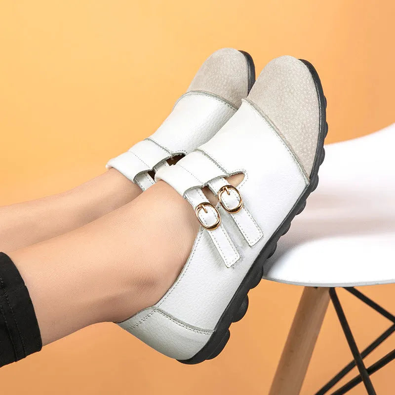 Casual low top flat shoes with Velcro strap in cow split leather, available in multiple colours.