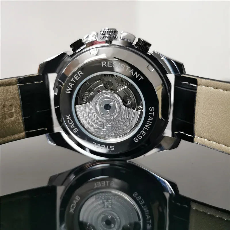 Men's automatic mechanical watch with stainless steel case in black, gold, or silver finish.