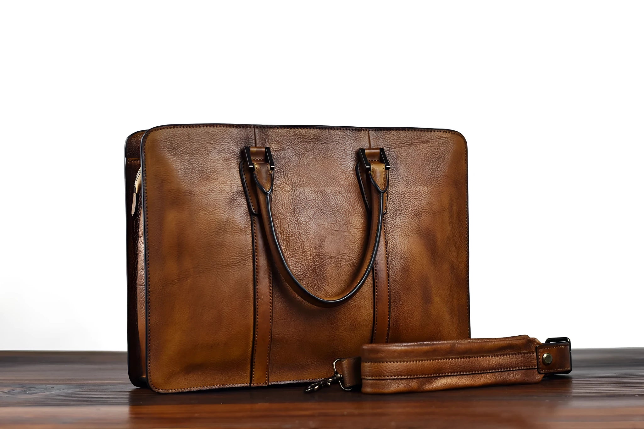Men's brown leather handbag with horizontal design and zipper opening