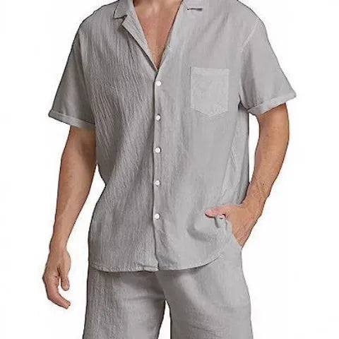Men's linen summer sports shorts suit with short-sleeved top and matching shorts in army green colour