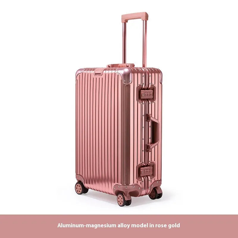 Alloy trolley case luggage in solid colour for business travel with metal construction and universal wheels