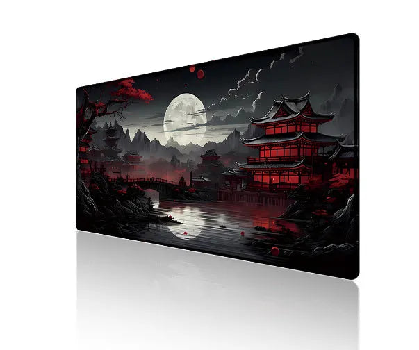 Custom anime graphic gaming mouse pad with non-slip rubber base on a wooden desk.